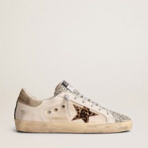 Super-Star sneakers with platinum-colored glitter tongue and leopard-print pony skin star