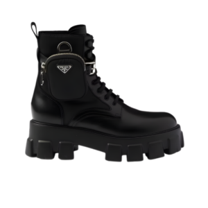 Prada monolith leather and re nylon combat boots with pouch